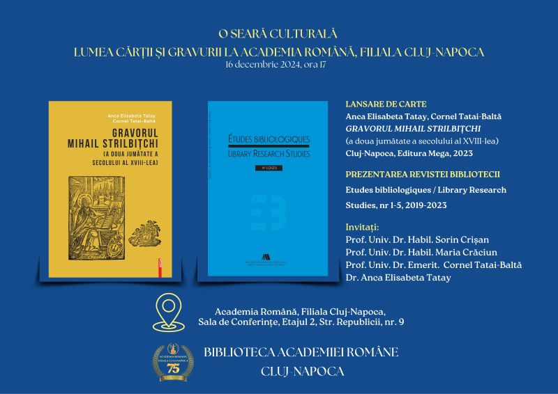 Afiș O seară culturală. Lumea cărții și gravurii la Academia Română, Filiala Cluj-Napoca