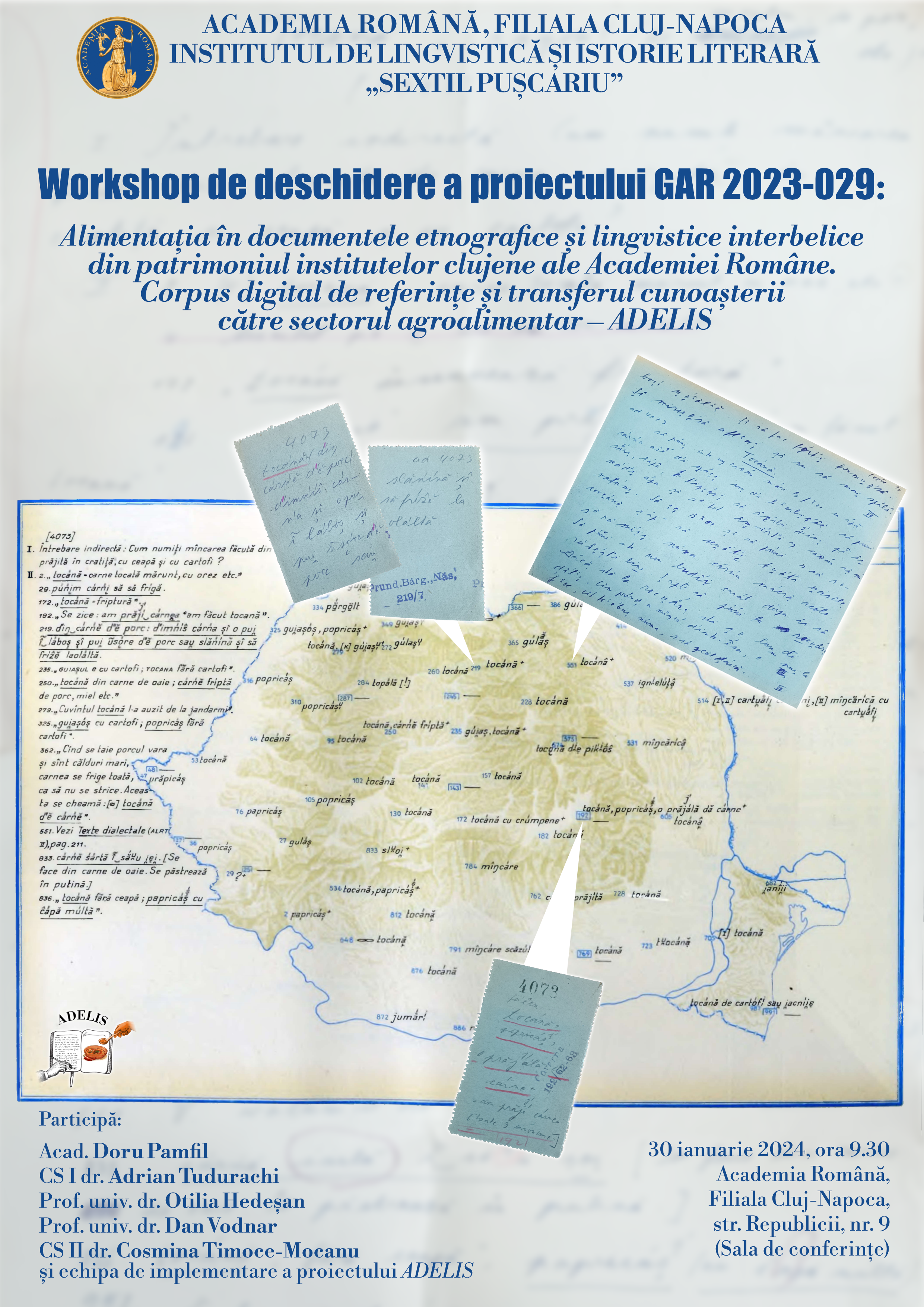 Afiș Cercetare umanistă și inovare în mediul academic clujean. Workshop de deschidere a proiectului GAR 2023-029: ADELIS
